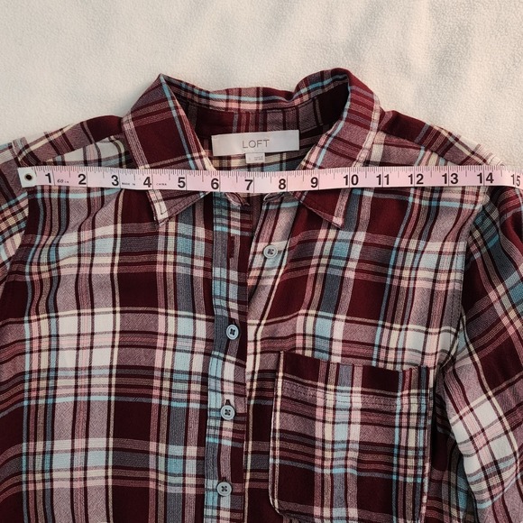 LOFT Plaid Tiered Dress Long Sleeve Casual Flannel Maroon Blue Size S - Picture 6 of 9